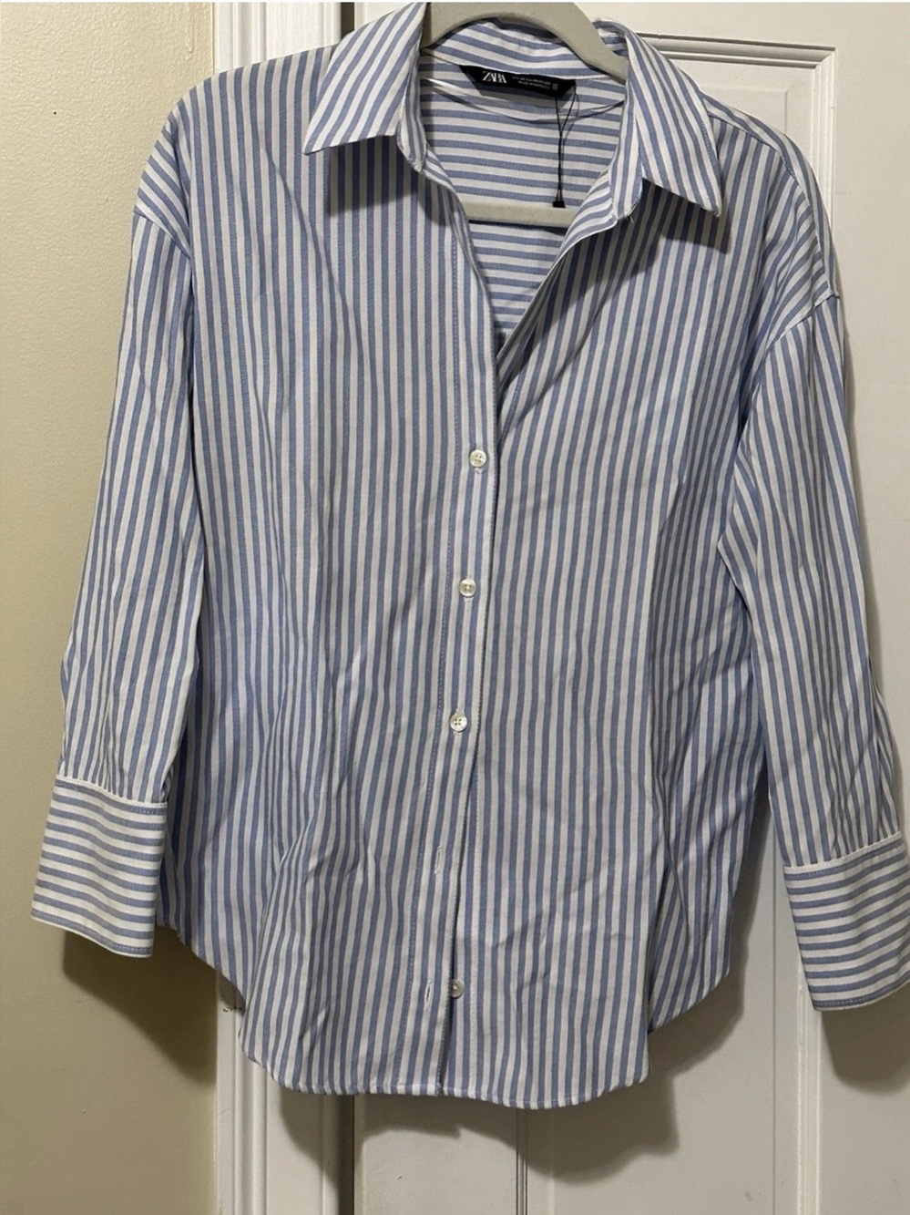 Zara Women’s Blue and White Striped Button Down Shirt